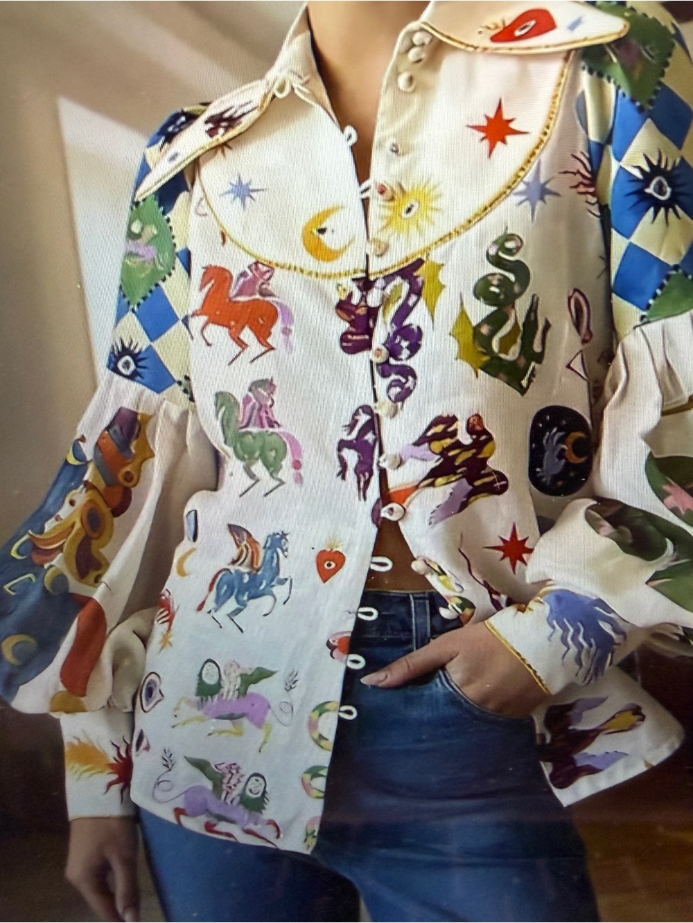 Women’s Printed Button-Up Blouse in Cream with Multicolor Motifs M